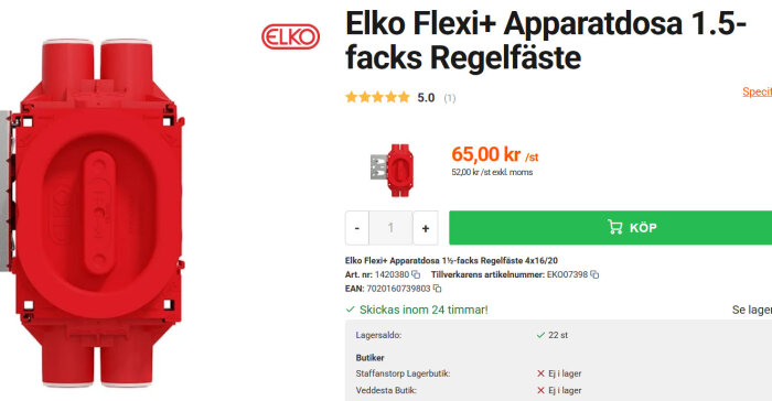 Elko Flexi+ apparatdosa 1.5-facks regelfäste i rött med pris och lagerstatus på webbsida.