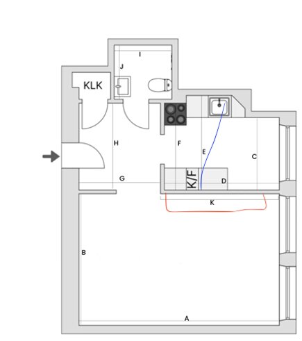 Ritning av lägenhet med markerat område i rött där flytt av kök planeras. Rördragning och avstånd till befintlig avloppsstam visas.