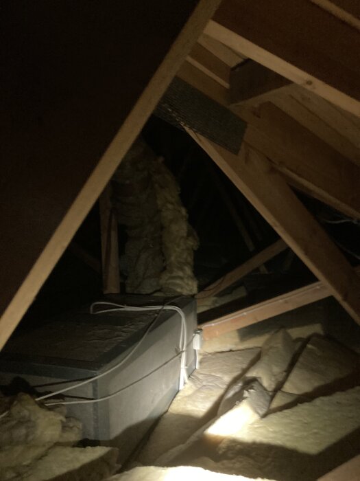 Vind med glasullisolering och ventilationsrör, delvis isolerat, i svagt ljus. Träbalkar syns i taket.