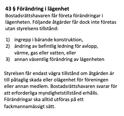 Bild av stadgar som beskriver krav på styrelsens tillstånd för vissa förändringar i bostadsrätt, inklusive ingrepp i bärande konstruktioner och avloppsledning.