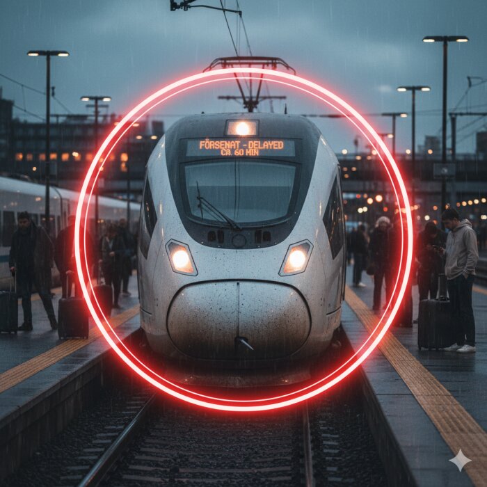 Tåg på station med regn och ljus från perronglampor, rött neonljus i förgrunden, skylt visar försening ca 60 minuter, passagerare väntar.