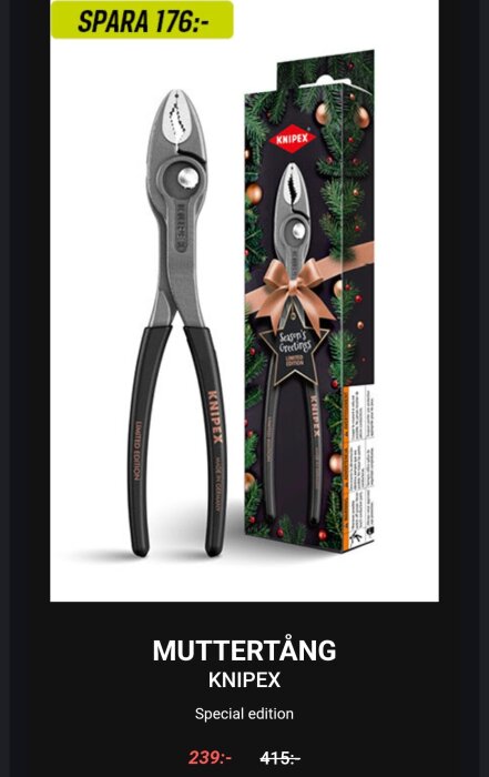 KNIPEX muttertång specialutgåva med julförpackning, ordinarie pris 415 kr, nedsatt till 239 kr.