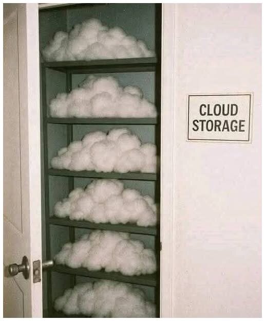 En skojig bild av ett skåp märkt "Cloud Storage" med hyllor fyllda av vita moln av bomull.
