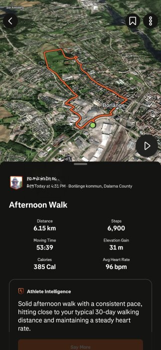 Karta över en promenadrutt i Borlänge, visande en sträcka på 6,15 km med statistik om tid, steg, kalorier och puls.
