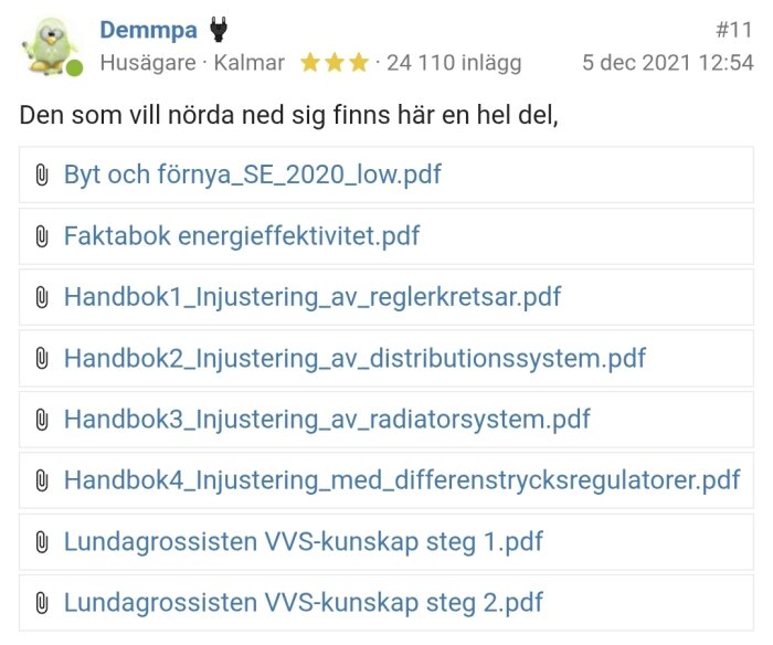 Lista över PDF-filer för värmesystemsjustering och energieffektivitet, inklusive handböcker och faktaböcker, publicerad i diskussionsforum.