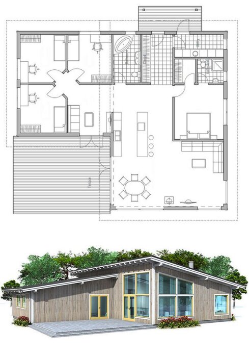 Planlösning och illustration av ett modernt enplanshus med träfasad, stora fönster och lutande tak.