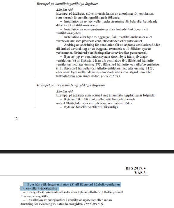 Bild av en text från Boverkets föreskrifter om anmälningspliktiga och icke anmälningspliktiga ventilationsåtgärder.