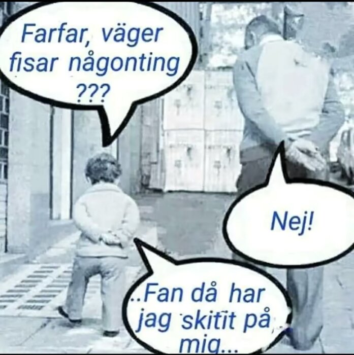 Två personer, en äldre och ett barn, går sida vid sida utomhus med pratbubblor om en humoristisk konversation om vikt.