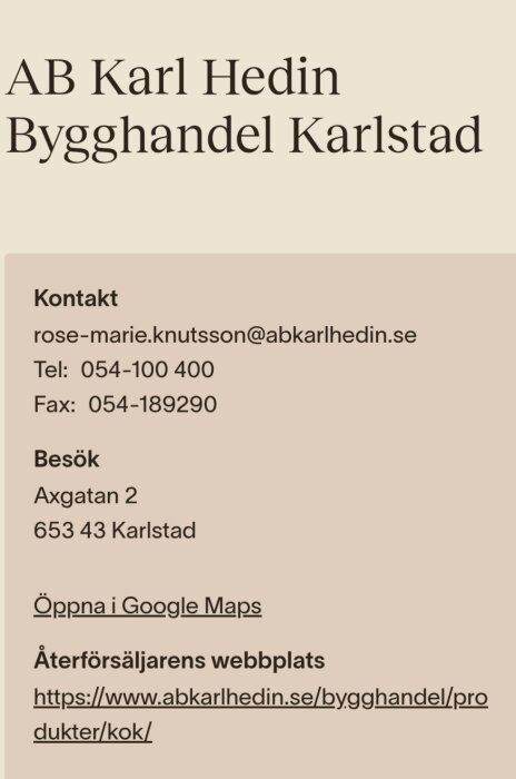 Kontaktinformation och adress för AB Karl Hedin Bygghandel i Karlstad.