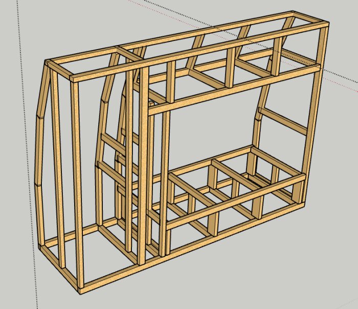 Rendering av trästomme för platsbyggd säng, garderob och bokhylla i ett barnrum. Strukturen är visad i enkelt ramverk.