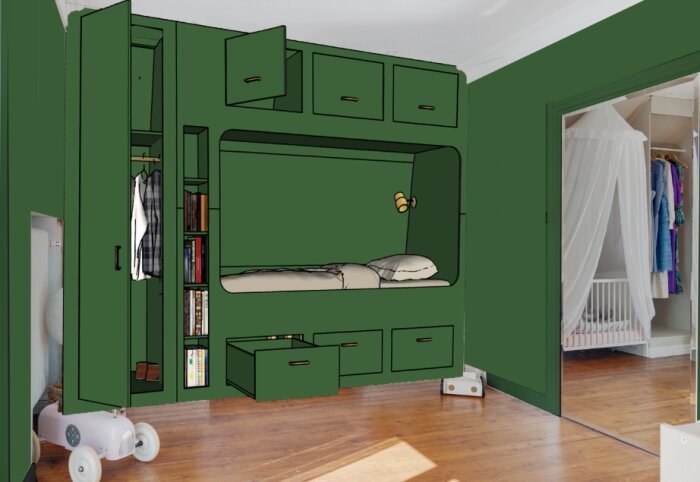 Platsbyggd möbelrendering i barnrum med säng, garderob och bokhylla i grönt, visar planerat resultat för individuell anpassning och förvaring.