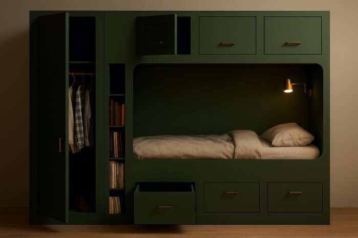 Grön platsbyggd möbel med säng, garderob och bokhylla; öppna lådor och skåp, kläder och böcker synliga, säng med lampa ovanpå.
