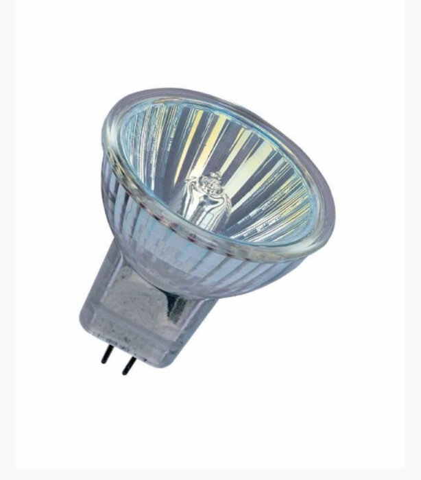 Halogenlampa med GU4-sockel och reflektor, modell Decostar Standard MR11, 10W, 12V, från Osram, visas i närbild.