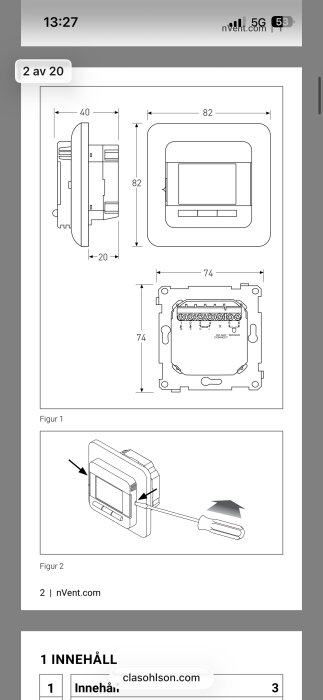 Illustration av en termostat med måttangivelser och kopplingsschema. Verktyg visas för att ta bort höljet. Från en manual från nVent.
