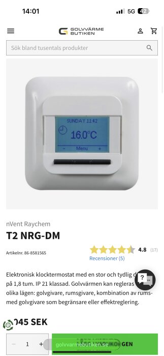 Digital termostat från nVent Raychem T2 NRG-DM, visande 16°C på skärmen, med knappar för meny och temperaturjustering. Produktbeskrivning och betyg synliga.