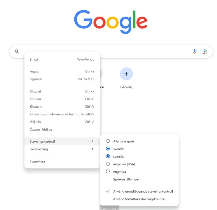 Högerklicksmeny i Google Chrome med val för språkinställningar, stavningskontroll och textredigering.