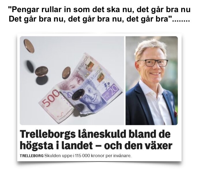 Bild på flygande svenska sedlar och mynt bredvid en porträttbild av en man samt text om Trelleborgs växande låneskuld.