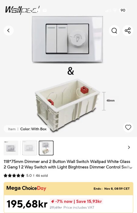 Väggströmbrytare med två knappar och dimmer, sett med en monteringsbox i plast, för installation i vägg.