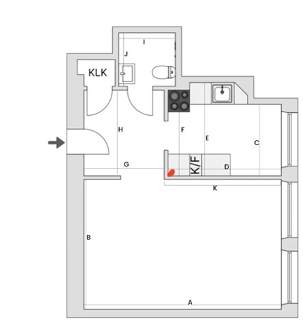 Planritning över kök och vardagsrum med rött märke vid gasens huvudledning och illustration av dess väg till spisen.