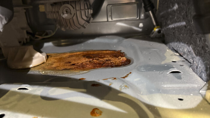 Insidan av en tvättmaskin med rostbrun sörja på botten, omgiven av maskindelar och slangar.