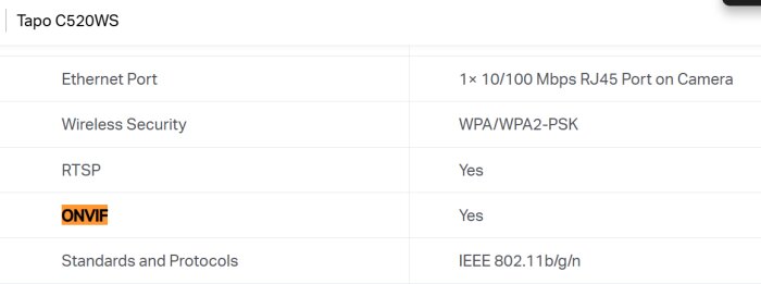 Tabell med specifikationer för Tapo C520WS-kamera inklusive Ethernet-port, trådlös säkerhet, RTSP, ONVIF-stöd och nätverksstandarder.