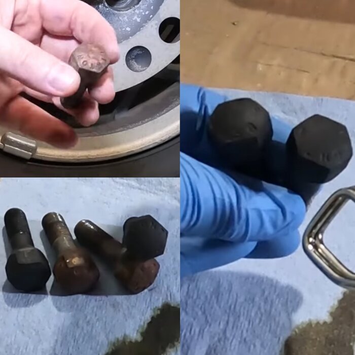 Bilder på bultar före och efter mörkbehandling; rostiga till svarta. En hand i handskar visar resultatet av fosforsyremetoden.