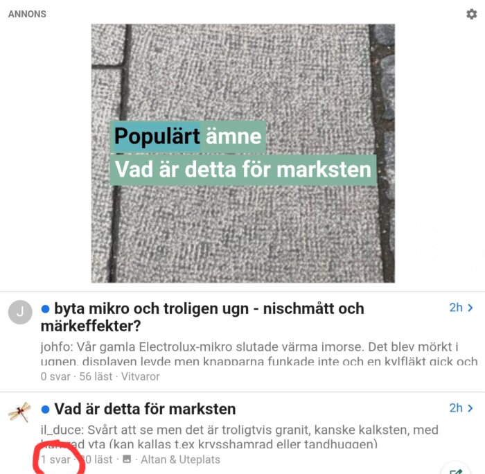 Bild av marksten med texten 'Populärt ämne Vad är detta för marksten' på diskussionsforum om bygga och renovera.