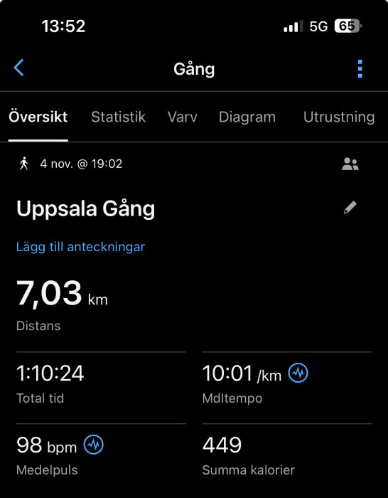 Aktivitetsskärm med promenaddata: 7,03 km, 1:10:24 tid, 10:01 min/km tempo, 98 bpm medelpuls, 449 kalorier.