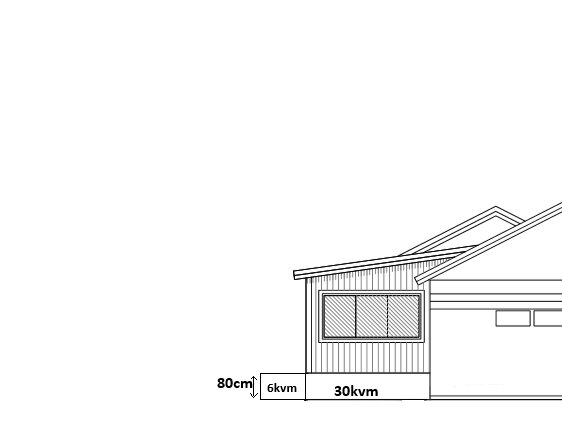 Ritning av tillbyggnad med 36 kvm platta, 80 cm hög. Visar 30 kvm hus och 6 kvm soldäck, kopplad till befintlig byggnad. Inte skalenlig.