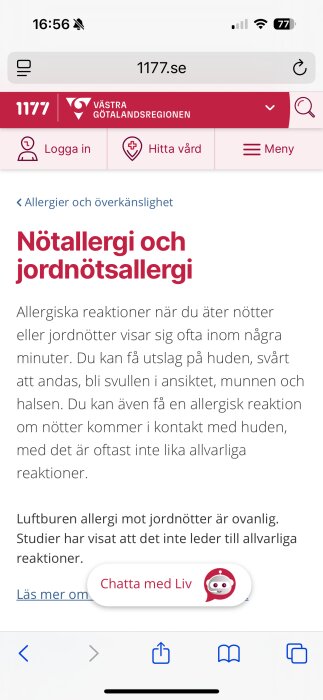 Skärmbild av 1177.se-webbsida om nötoch jordnötsallergi med information om symptom och reaktioner samt chatfunktion med Liv.