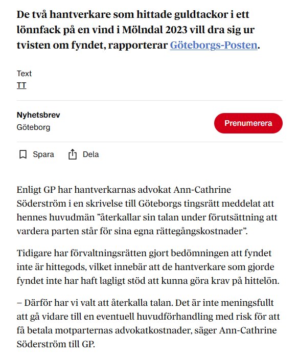 Artikel om tvist mellan hantverkare och Göteborgs tingsrätt om guldtackor, rapporterat av Göteborgs-Posten.