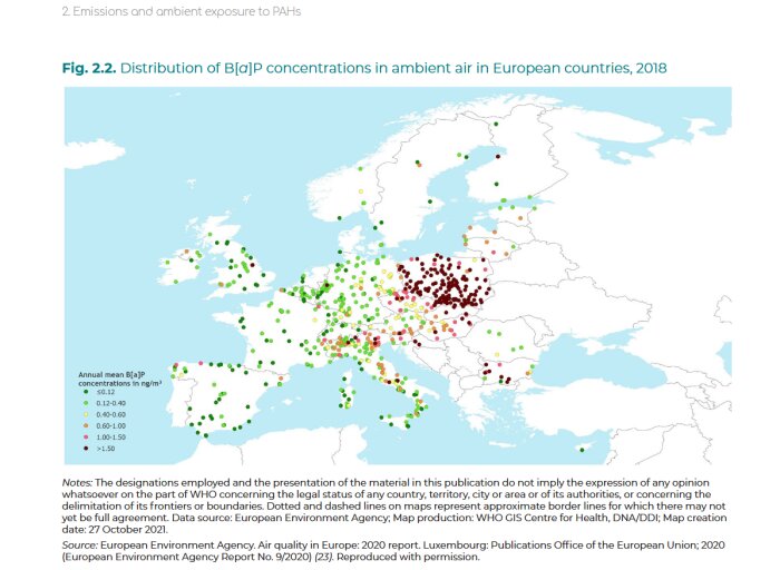 Karta över B[a]P-koncentrationer i omgivande luft i europeiska länder 2018, med punktmarkeringar i olika färger som indikerar nivåer.