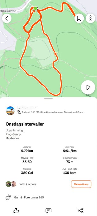 Karta av löprunda i Söderköping, 5,79 km lång, 33:50 minuter, 5:51/km tempo, 73 m höjdskillnad, 380 kalorier brända, 130 bpm snittpuls.
