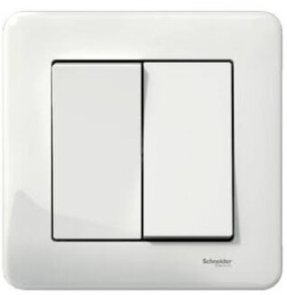 Vitt dubbelt väggströmbrytare från Schneider, lämplig för installation med dimmerpuck för fram- och bakkantstyrning bakom brytare.