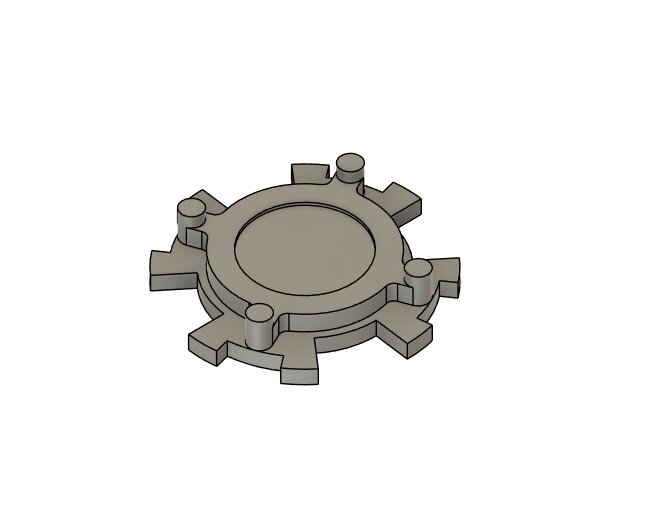 3D-modell av en ersättningsdetalj för en dyckertpistol, gjord i 90a TPU med 100% infill, formad som en cirkel med utbuktningar runt kanterna.