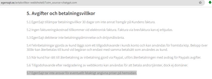 Webbsida med avtalstext från ett webbhotell. Punkt 5.7 anger att företaget inte ansvarar för felaktigt angivna priser på hemsidan.