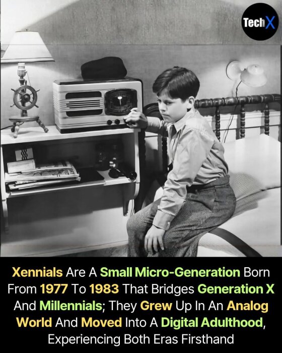 En pojke i skjorta vrider på en ratt på en gammal radio bredvid en lampa på ett bord. Text om Xennials generation visas.