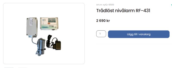 Trådlöst nivålarm RF-431 och sändarbox med antenn och displayenhet, visas med tillbehör och pris.