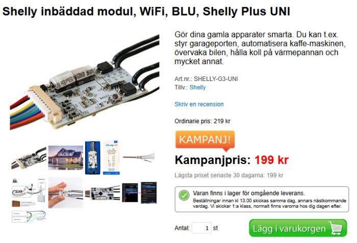 Shelly inbäddad modul för smarta hem, med kampanjpris 199 kr. Visa kablar och applikationer. Styra apparater via WiFi, Bluetooth.
