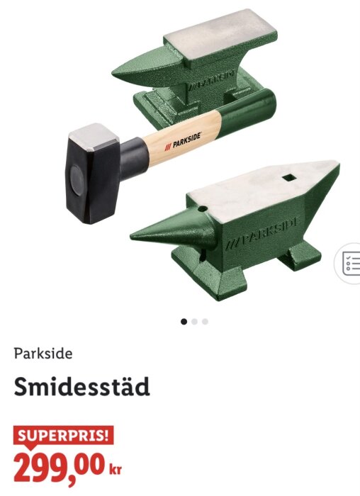 Gjutjärnssmidesstäd och klubba från Parkside, 10 kg smidesstädet visas med klubba, pris 299 kr, annonseras som ett fynd.