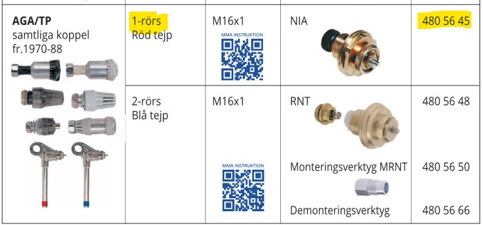 Tabell över kopplingar och ventiler för AGA/TP 1-rörs och 2-rörs system, inklusive produktkoder och instruktioner.