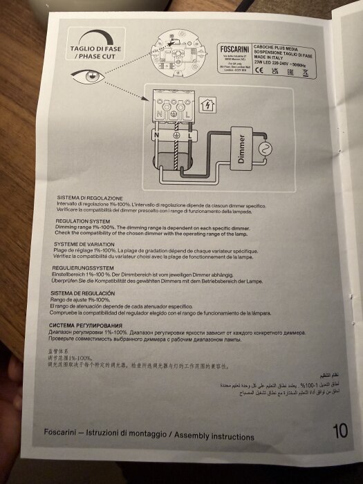 Instruktionsbild för Foscari dimmer med fasavskärning och text om regleringssystem, på flera språk.