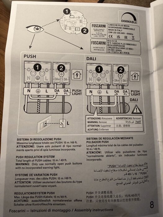 Instruktionsmanual från Foscarini med kopplingsschema för PUSH och DALI. Innehåller varningar och information på flera språk, samt märkning på panelen.