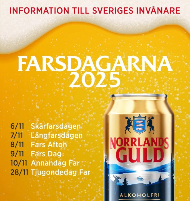 Farsdagarna 2025-reklam med almanacka för november och en burk Norrlands Guld alkoholfri öl mot en bakgrund av ölskum.