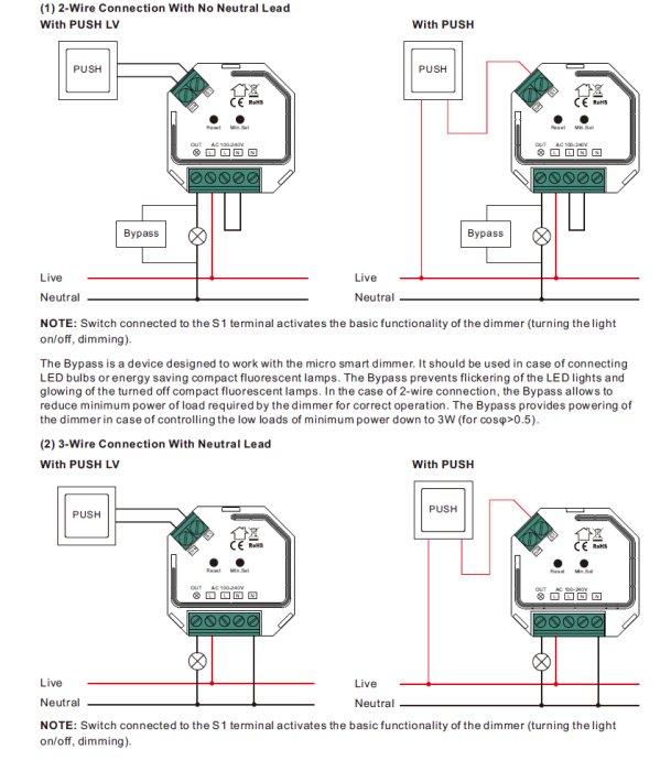 Schema för inkoppling av smart styrdon med alternativ för två- och tre-ledarkoppling. Visar anslutningar med och utan neutralledare samt tryckknapp.