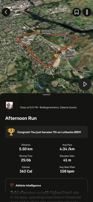 Karta över löprunda på 5,50 km i Borlänge kommun med statistik: 4:34 min/km i snittempo, 25:06 min i rörelsetid, 41 m höjdvinst, 362 kalorier förbrända.