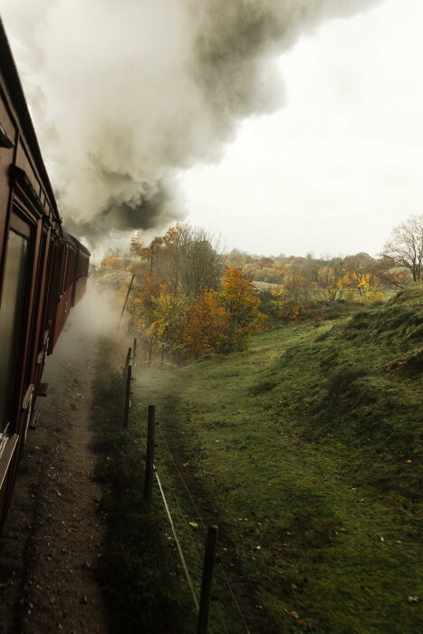 Tågångstur med rök från ett ånglok längs järnvägen i höstlandskap, mellan Brösarp och Sankt Olof, med färgglada träd och dimmigt väder.