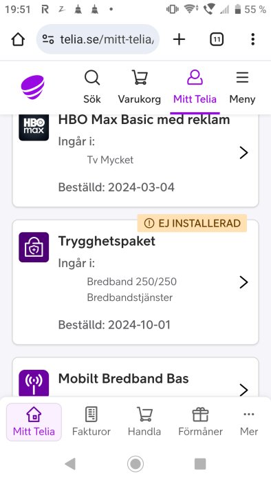 Mitt Telia-sida som visar beställningar av tjänster inklusive HBO Max och bredband, med Trygghetspaket markerat som ej installerat.