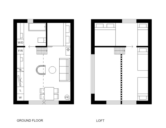 Planritning över attefallshus med bottenvåning och loft, visar möblerad layout och rumsindelning.