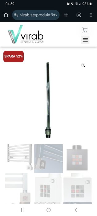 Elpatron för handdukstork från Virab, visas liggande vertikalt med en metallisk yta och svarta detaljer i nederkanten.